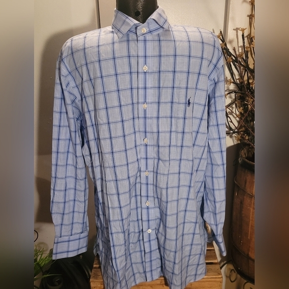 Polo Ralph Lauren Blue and White Checkered Mens Shirt 17" - Picture 1 of 6